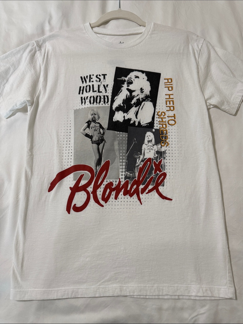M White Blondie Graphic Tee with Red Script and Gold Accent